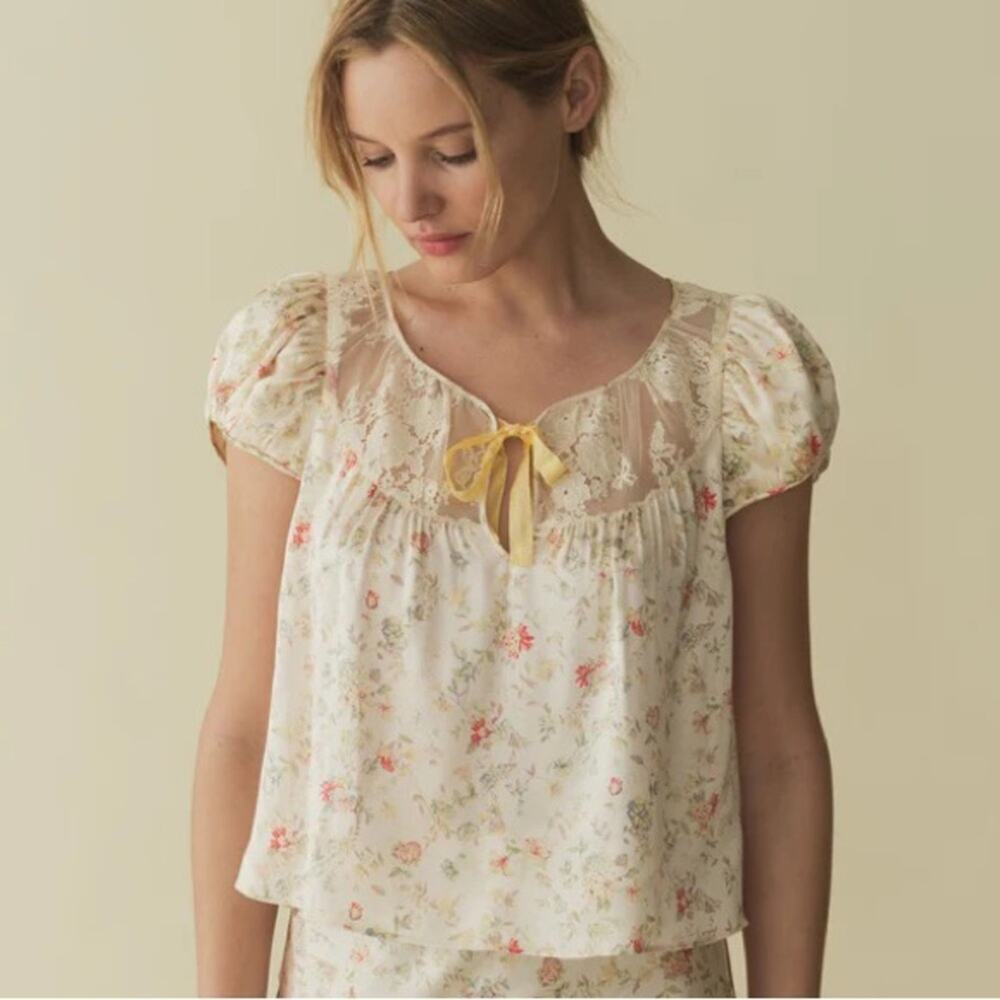 NWT Doen Camri Silk Lace Floral Puff Shoulder Tie Blouse Top Flowering Meadow